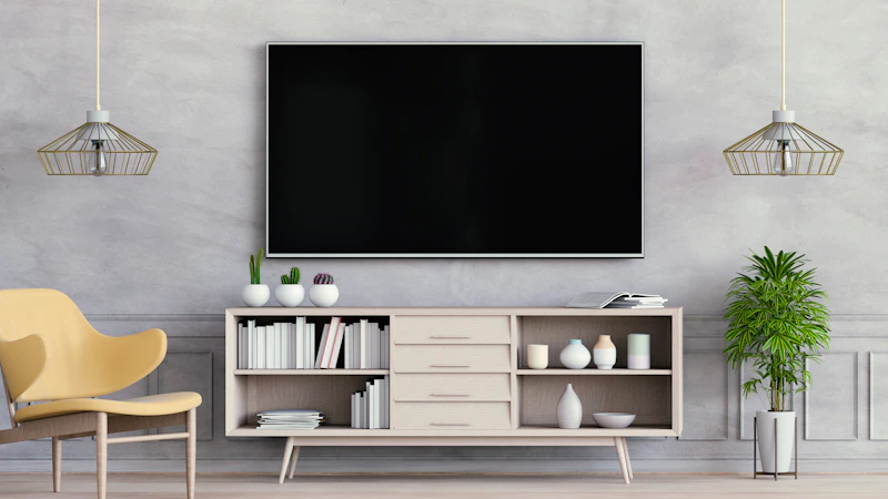 Großer Flachbildfernseher an einer Betonwand über einem hellen Sideboard