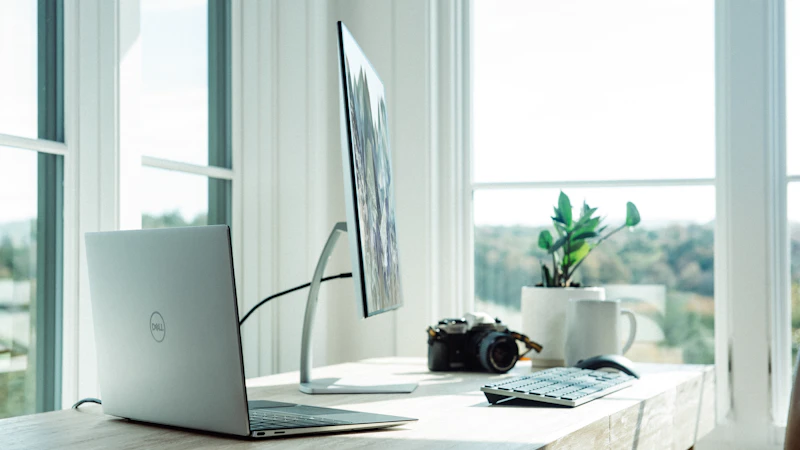 Heller Arbeitsplatz mit Laptop, Monitor und Pflanze