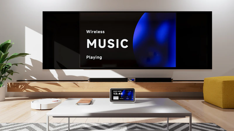 Wohnzimmer mit großem Fernseher und Soundbar
