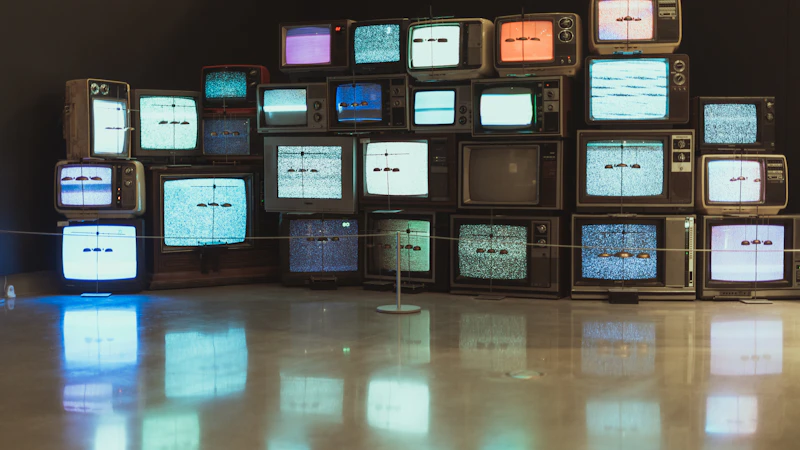 Gestapelte Röhrenfernseher mit leuchtenden Bildschirmen
