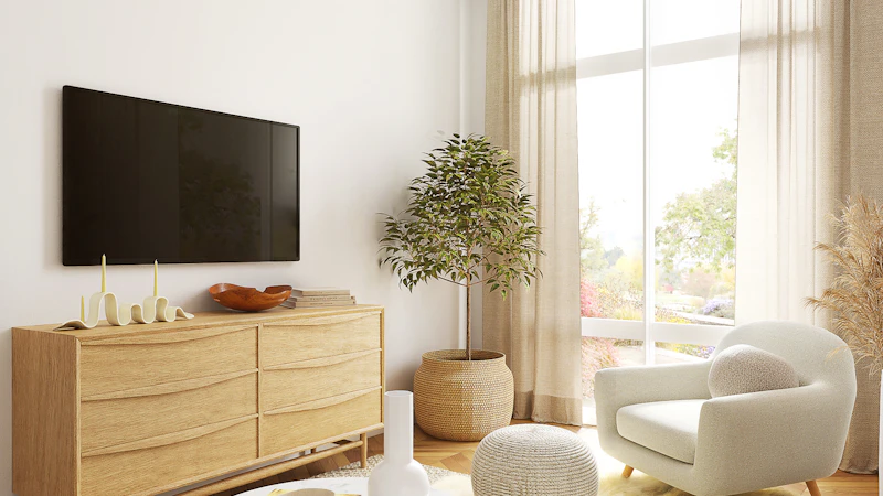 Heller Wohnraum mit großem Flachbildfernseher an der Wand